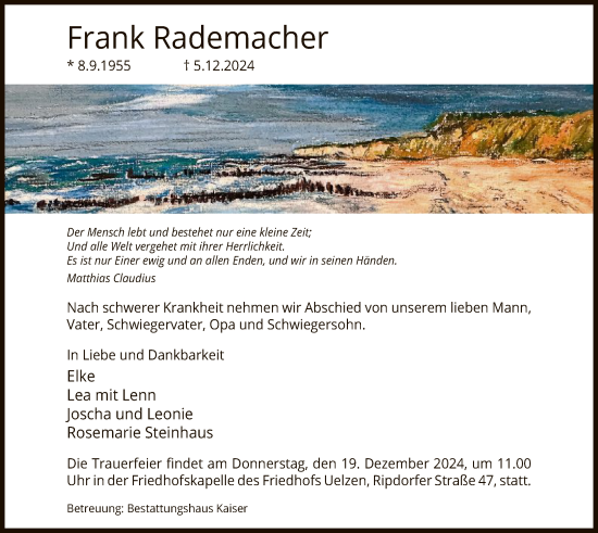 Todesanzeige von Frank Rademacher von UEL