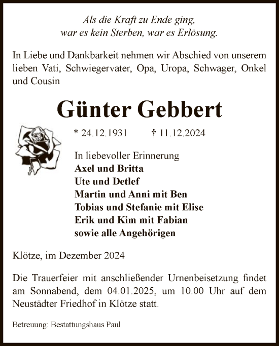 Todesanzeige von Günter Gebbert von UEL