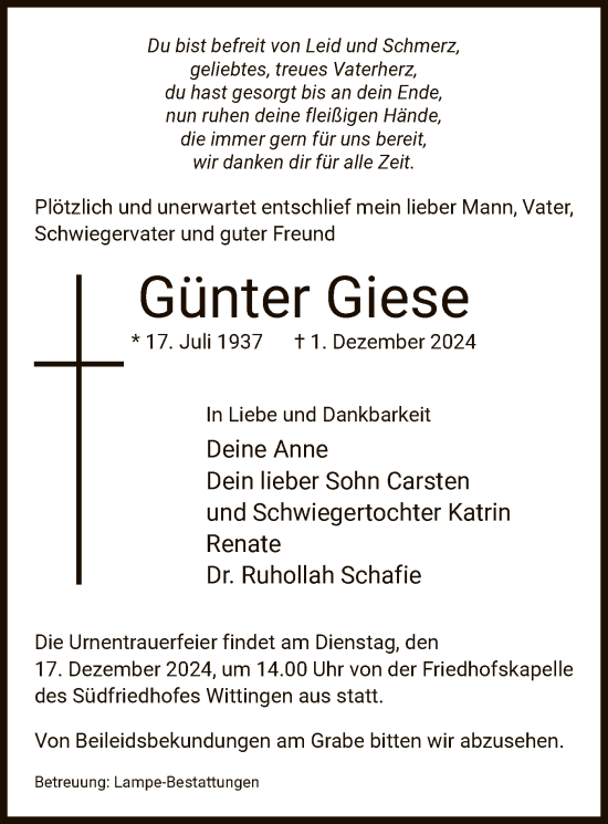 Todesanzeige von Günter Giese von UEL