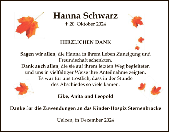 Todesanzeige von Hanna Schwarz von UEL