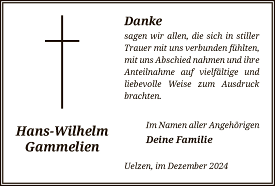 Todesanzeige von Hans-Wilhelm Gammelien von UEL