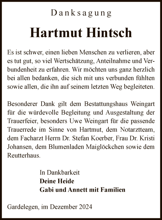 Todesanzeige von Hartmut Hintsch von UEL