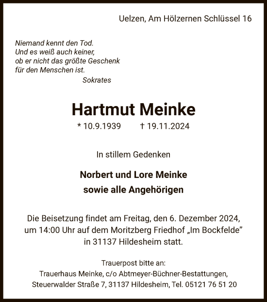 Todesanzeige von Hartmut Meinke von UEL
