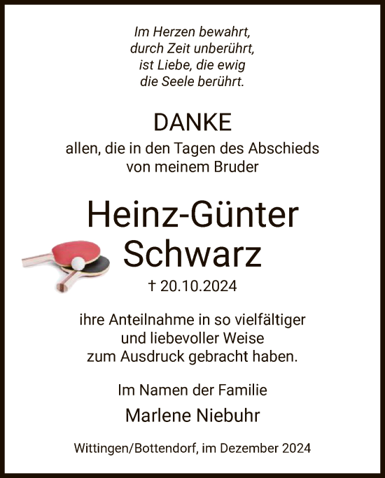 Todesanzeige von Heinz-Günter Schwarz von UEL