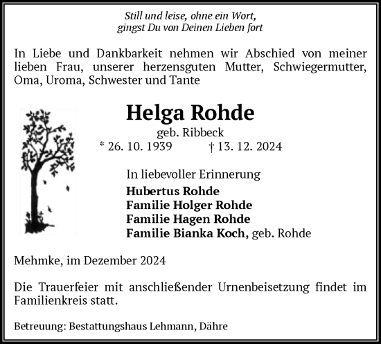 Todesanzeige von Helga Rohde von UEL