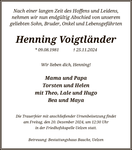 Todesanzeige von Henning Voigtländer von UEL
