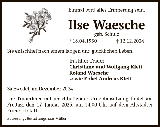 Todesanzeige von Ilse Waesche von UEL