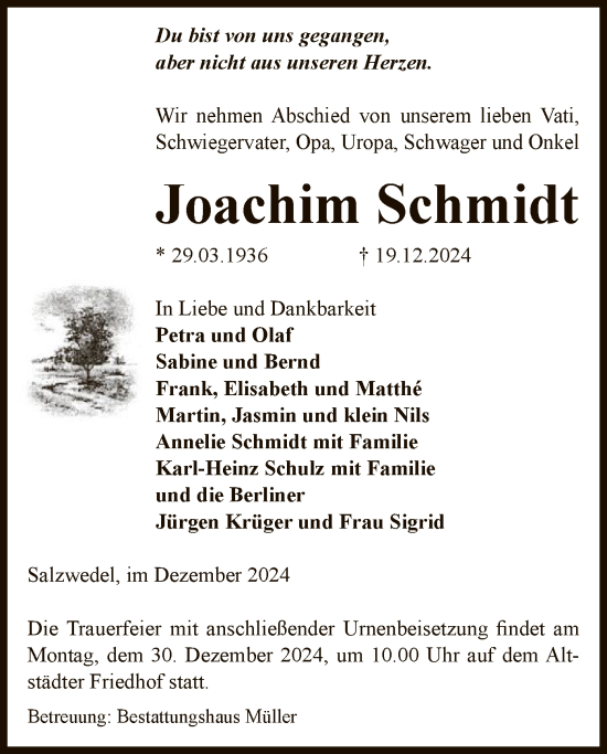 Todesanzeige von Joachim Schmidt von UEL