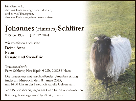 Todesanzeige von Johannes Schlüter von UEL