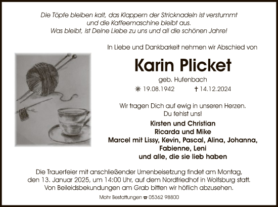 Todesanzeige von Karin Plicket von UEL