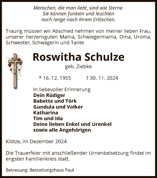 Todesanzeige von Roswitha Schulze von UEL