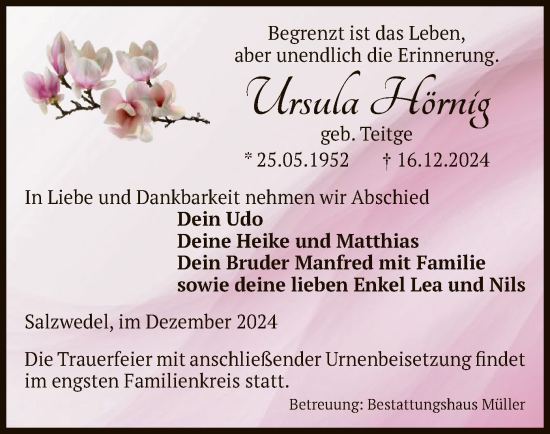 Todesanzeige von Ursula Hörnig von UEL
