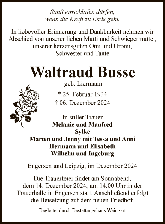 Todesanzeige von Waltraud Busse von UEL
