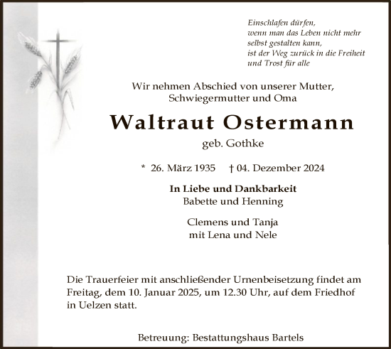 Todesanzeige von Waltraut Ostermann von UEL