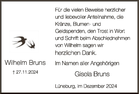 Todesanzeige von Wilhelm Bruns von UEL