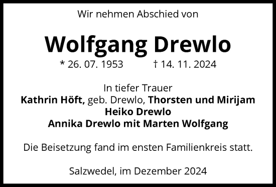 Todesanzeige von Wolfgang Drewlo von UEL