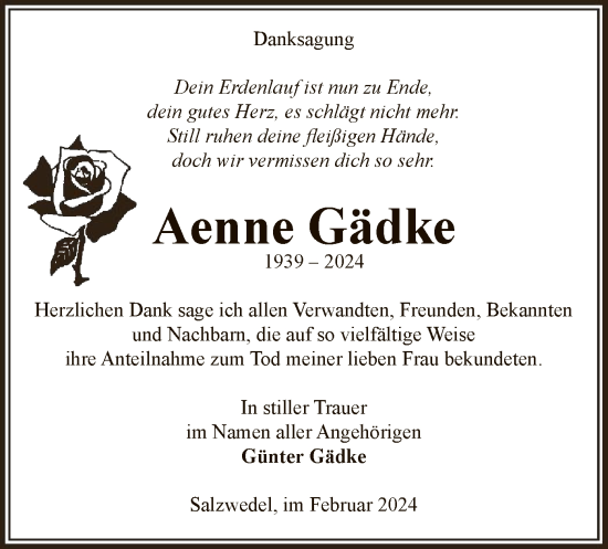 Todesanzeige von Aenne Gädke von UEL