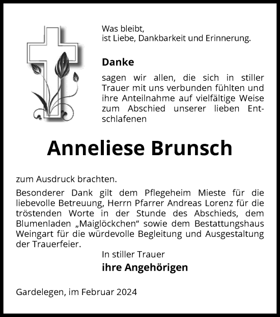Todesanzeige von Anneliese Brunsch von UEL