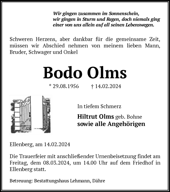 Todesanzeige von Bodo Olms von UEL