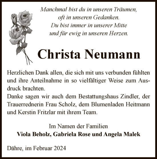 Todesanzeige von Christa Neumann von UEL