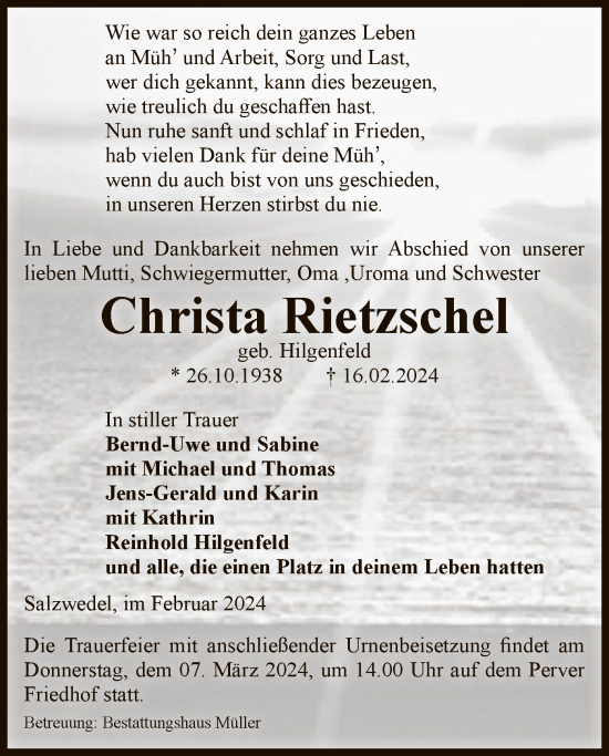 Todesanzeige von Christa Rietzschel von UEL