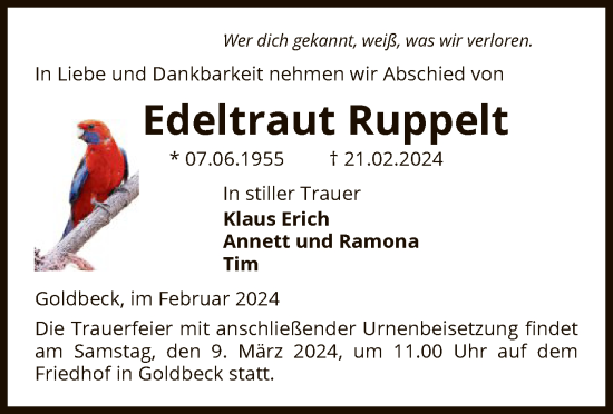 Todesanzeige von Edeltraut Ruppelt von UEL