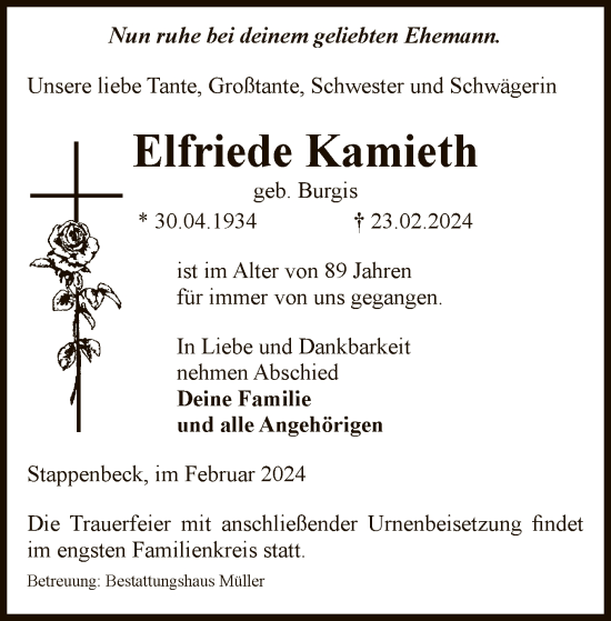 Todesanzeige von Elfriede Kamieth von UEL