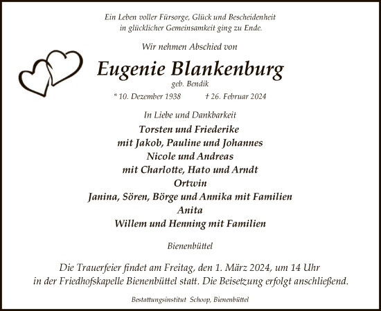 Todesanzeige von Eugenie Blankenburg von UEL