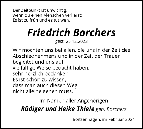Todesanzeige von Friedrich Borchers von UEL