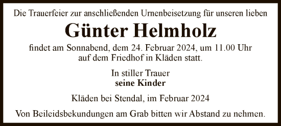 Todesanzeige von Günter Helmholz von UEL