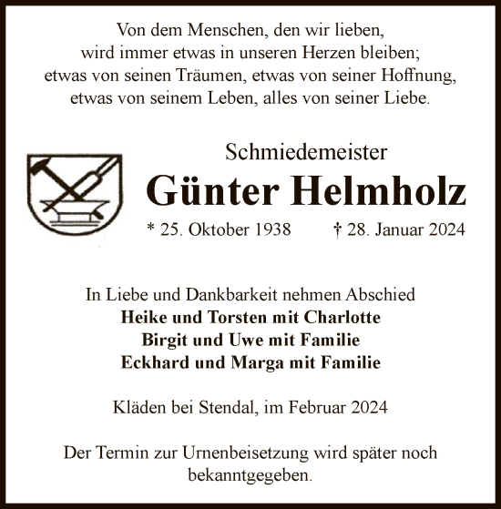 Todesanzeige von Günter Helmholz von UEL