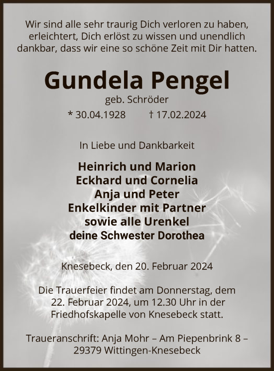 Todesanzeige von Gundela Pengel von UEL