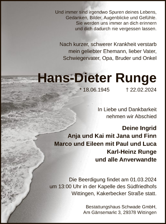 Todesanzeige von Hans-Dieter Runge von UEL