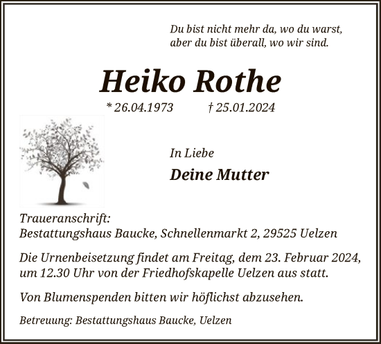 Todesanzeige von Heiko Rothe von UEL