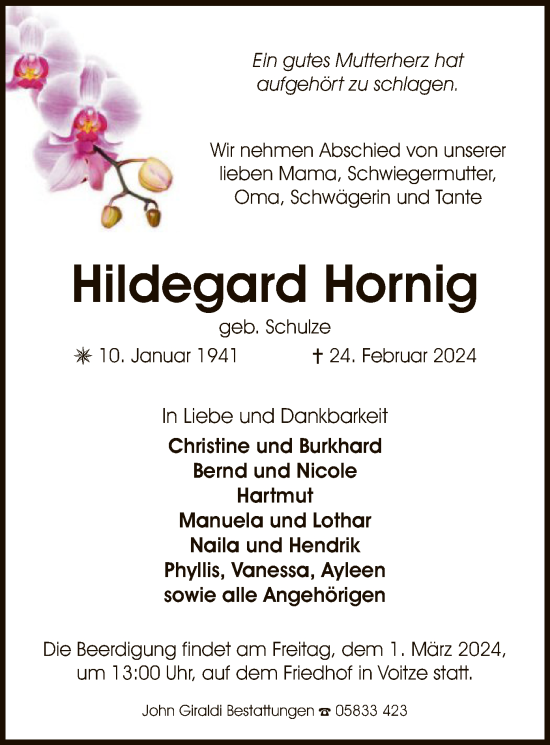 Todesanzeige von Hildegard Hornig von UEL