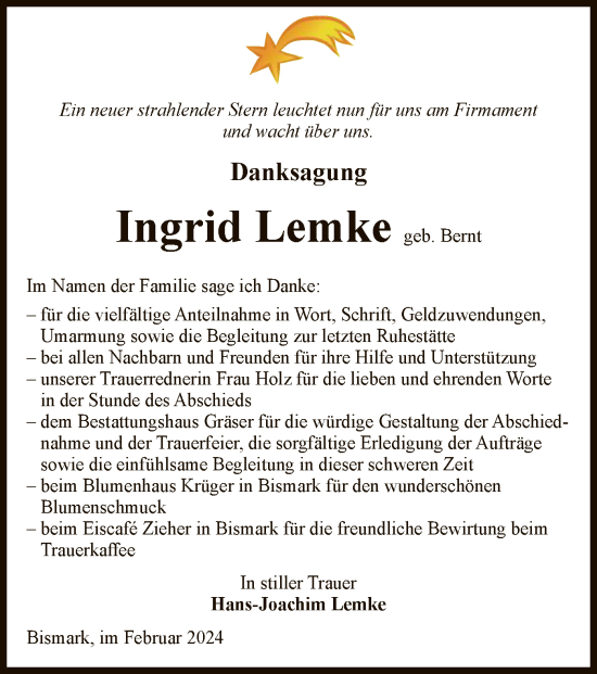 Todesanzeige von Ingrid Lemke von UEL