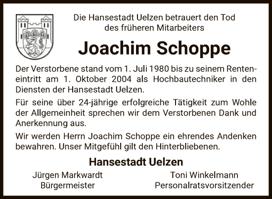 Todesanzeige von Joachim Schoppe von UEL