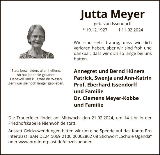 Todesanzeige von Jutta Meyer von UEL