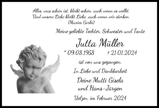 Todesanzeige von Jutta Müller von UEL
