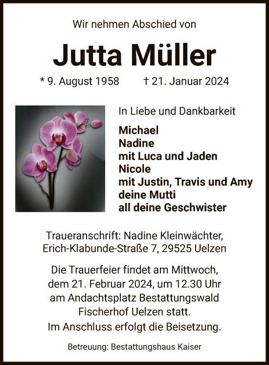 Todesanzeige von Jutta Müller von UEL