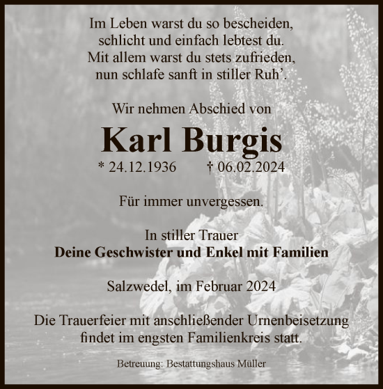 Todesanzeige von Karl Burgis von UEL