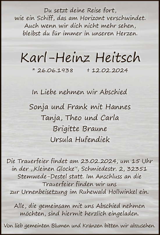 Todesanzeige von Karl-Heinz Heitsch von UEL