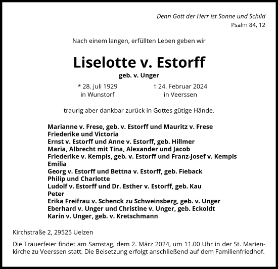 Todesanzeige von Liselotte v. Estorff von UEL