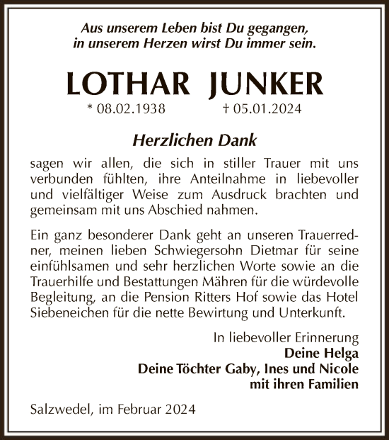 Todesanzeige von Lothar Junker von UEL