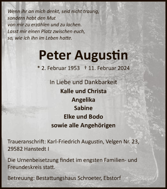 Todesanzeige von Peter Augustin von UEL