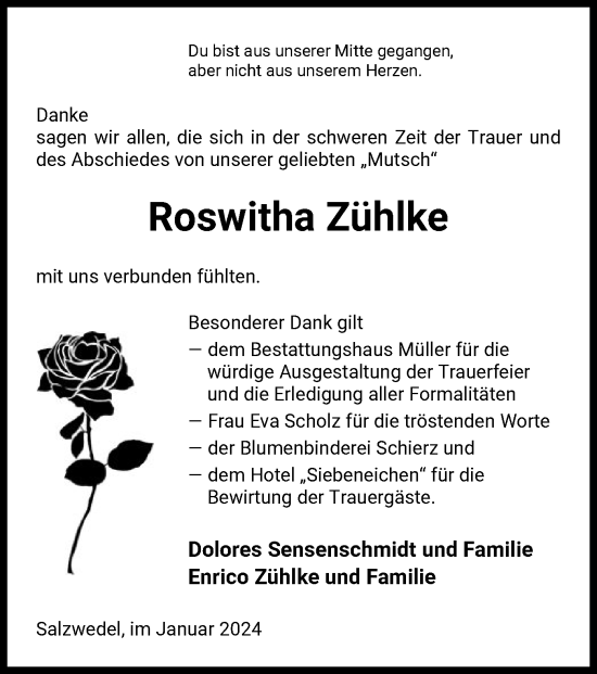Todesanzeige von Roswitha Zühlke von UEL