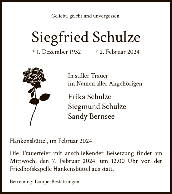 Todesanzeige von Siegfried Schulze von UEL