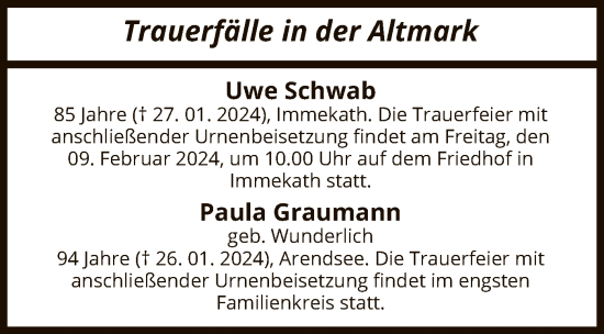 Todesanzeige von Sterbetafel vom 01.02.2024 von UEL