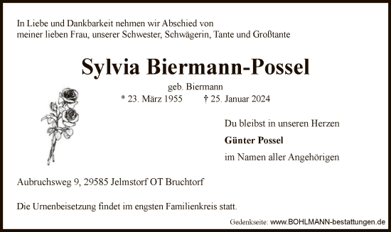 Todesanzeige von Sylvia Biermann-Possel von UEL