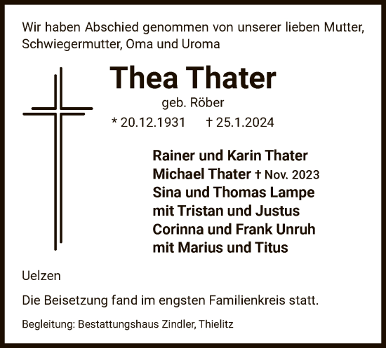 Todesanzeige von Thea Thater von UEL
